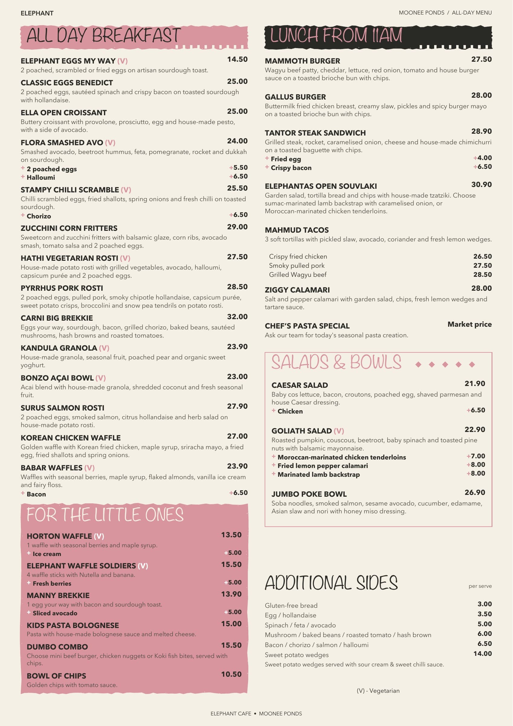 Elephant Café food menu in the original pink and cream design. The items and prices are also available as text below.