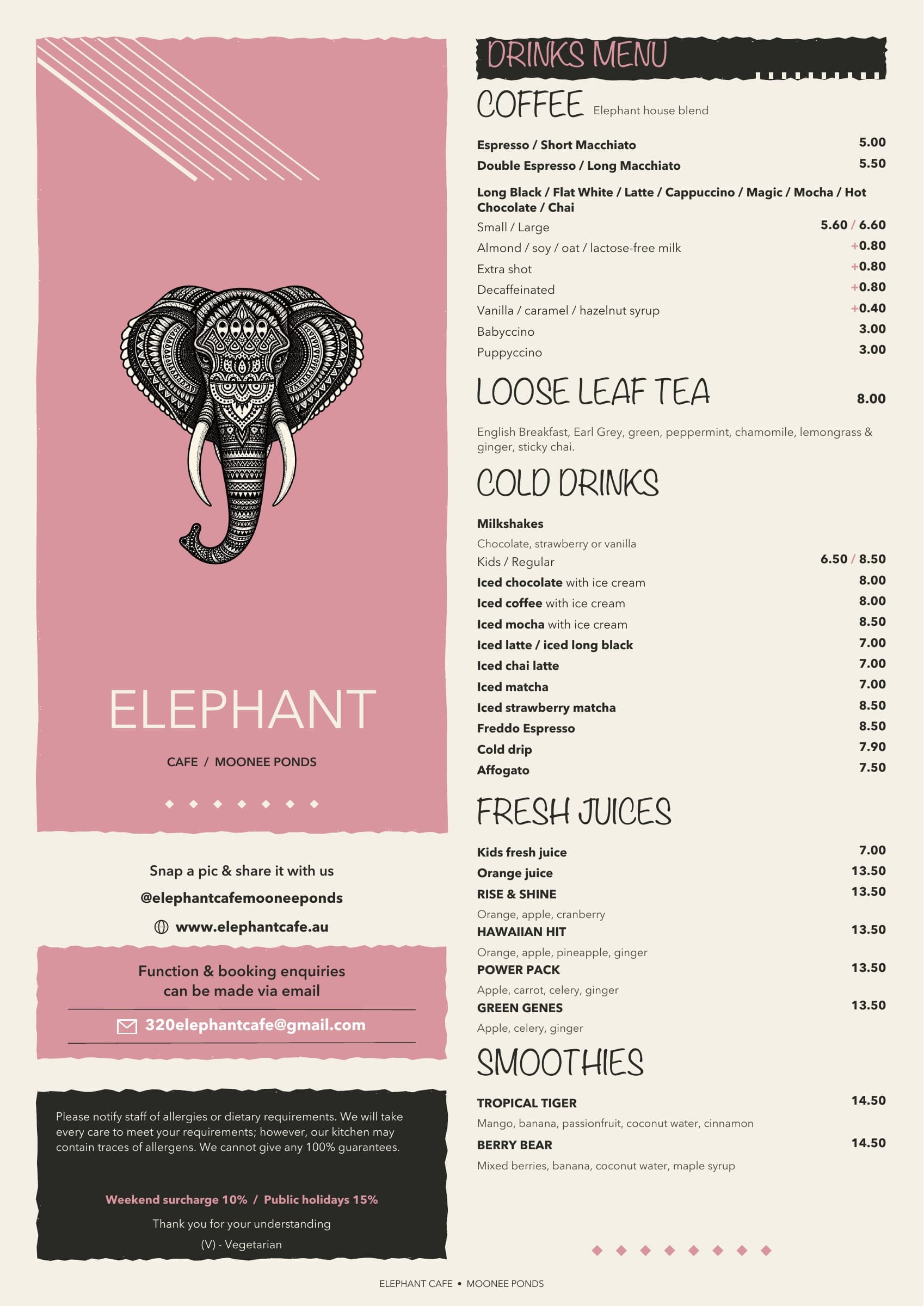 Elephant Café drinks menu in the original pink and cream design. The items and prices are also available as text below.